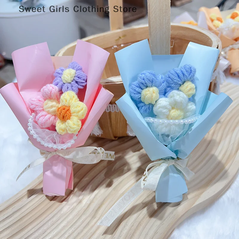 2Pcs Creative Mini Woolen Yarn Bouquet DIY Handmade Daisy Eternal Dried Flowers Mini Crochet Bouquets Mother's Day Gifts Decor