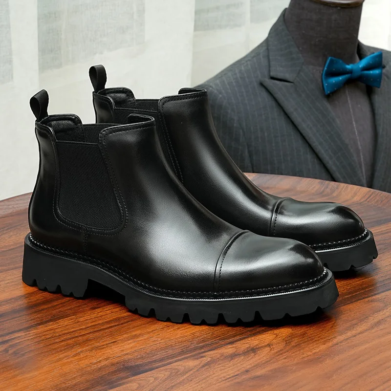 

Men’s Genuine Cow Leather Boots Banquet Business Suits Slip On Cowhide Black Luxury Shoes Man Winter