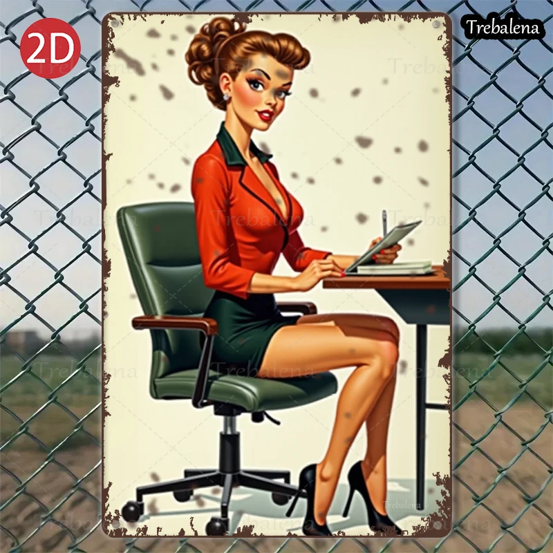

1PC 2D Flat 8*12inch Metal Sign Retro Office Lady Vintage Style Wall Art