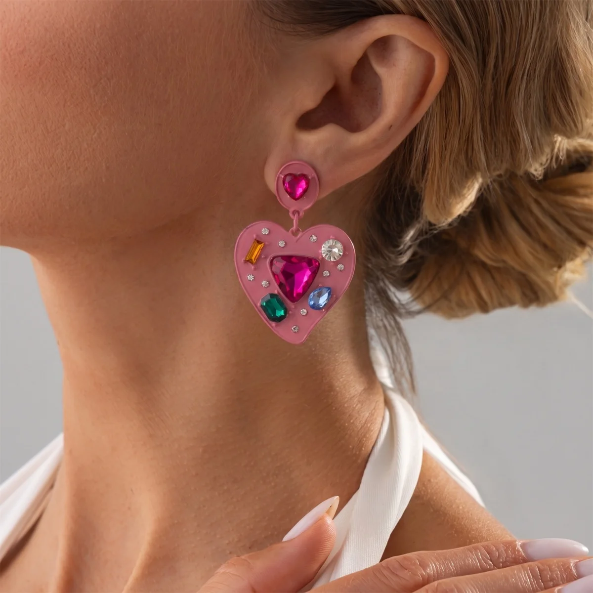 Valentine Day Colorful Rhinestone Pink Enamel Heart Drop Earrings For Women Ice Cream Lipstick Shaped Dangle Earrings Jewelry