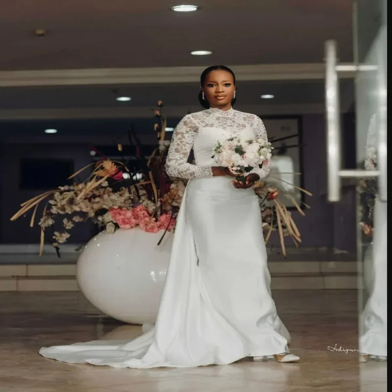 Customized High Collar  African Plus Size Wedding Dress Vestidos De Novia Lace  Long Sleeves Bridal Gown with Removable Skirt