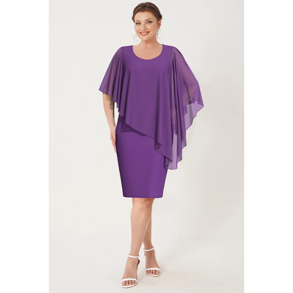 

Plus Size Formal Purple Asymmetric Design Batwing Sleeve Fake Two Piece Round Neck Midi Dress