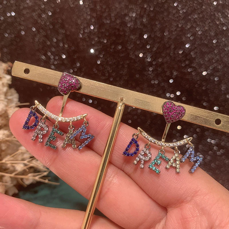 Heart Shape DREAM Letter Drop Earrings For Women Luxury Multi Color Cubic Zirconia Earrings Gold Plated Daily Wear Jewelry