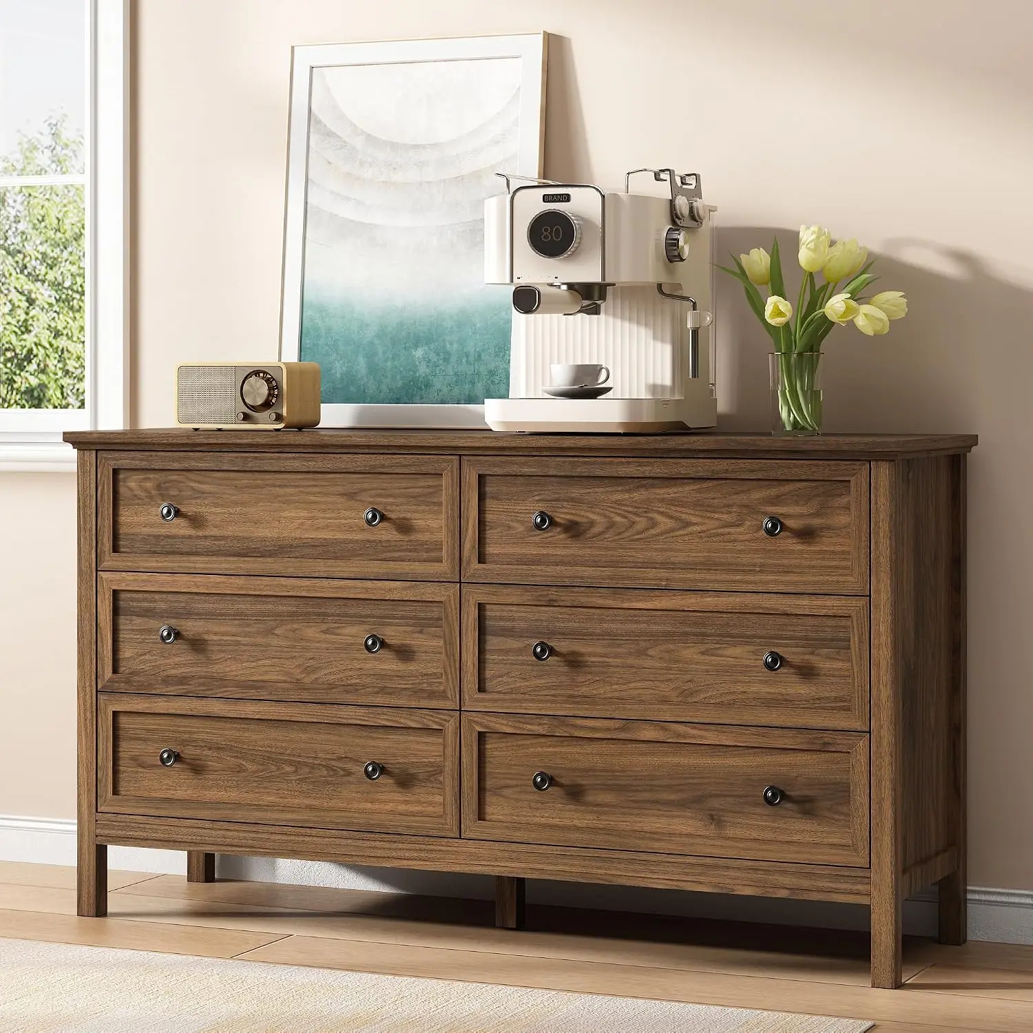 Walnut Dresser 6 Drawers Bedroom Storage Cabinet with Handles Wood Legs Organizer Living Room TV Stand Entryway, Customized