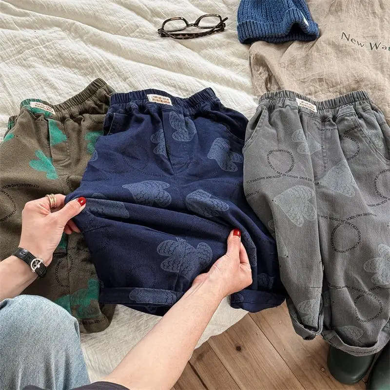 Korean Spring Autumn Kids Boy Pants Contrast Print Casual Infant Babys Boys Harem Pant Elastic Wiast Sticker Little Boy Trousers
