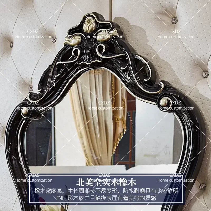 European Style Solid Wood Ebony Dresser with Carved Floral Details Bedroom Makeup Table Stool and Mirror Combination Vanity