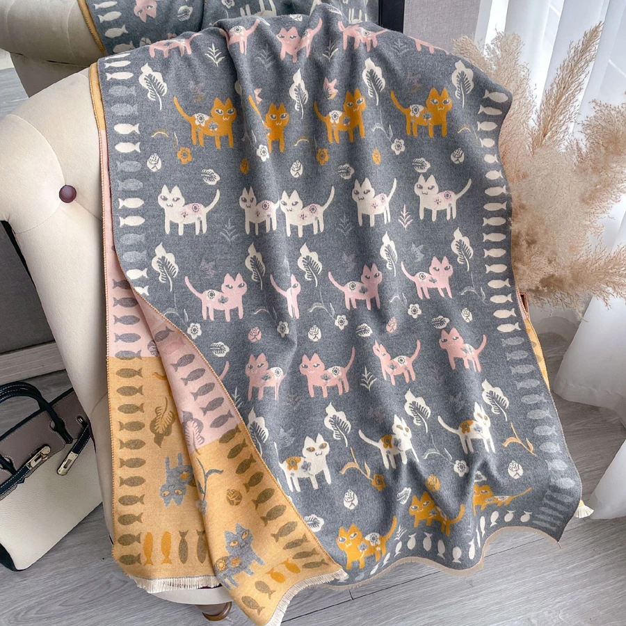 Novelty Cute Cat Fish Jacquard Feel Cashmere Scarf Long Shawl Women Winter Comfort Warm Neckerchief Bandelet Travel Pashmina