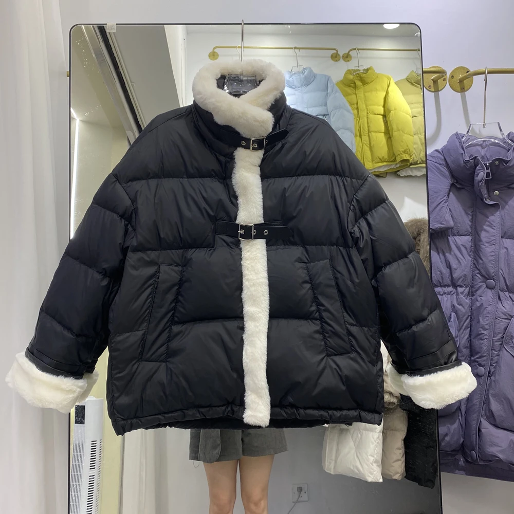 Autumn Winter 2023 New Fashion Down Jacket Women's Rabbit Fur Long Sleeve Casual Warm White Duck Down Short Thickened Coat L404