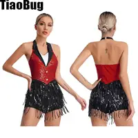 Leotardo de baile latino con borlas para mujer, traje de actuación con cuello Halter y espalda descubierta, mono con flecos de lentejuelas brillantes, Ropa de baile sin mangas
