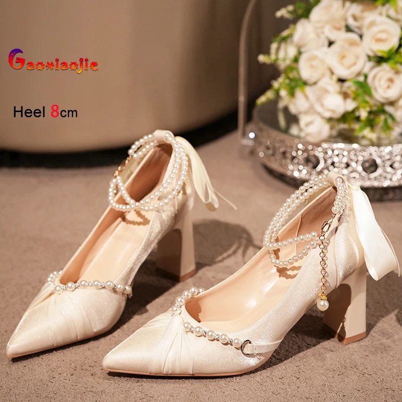 

6CM 8CM Thick High Heel Temperament Pointed Satin Single Shoes For Ladies Party Shoes Designer White Pearl Bow-knot Women Pumps