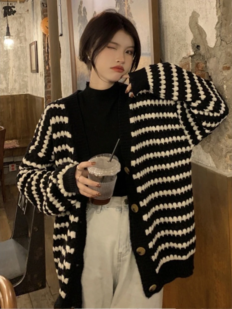 

Thiened вязаный открытый кардиган зимняя верхняя одежда V-Ne женский свитер Jaet Sli Lazy Stripes Commute Sle Long Sve