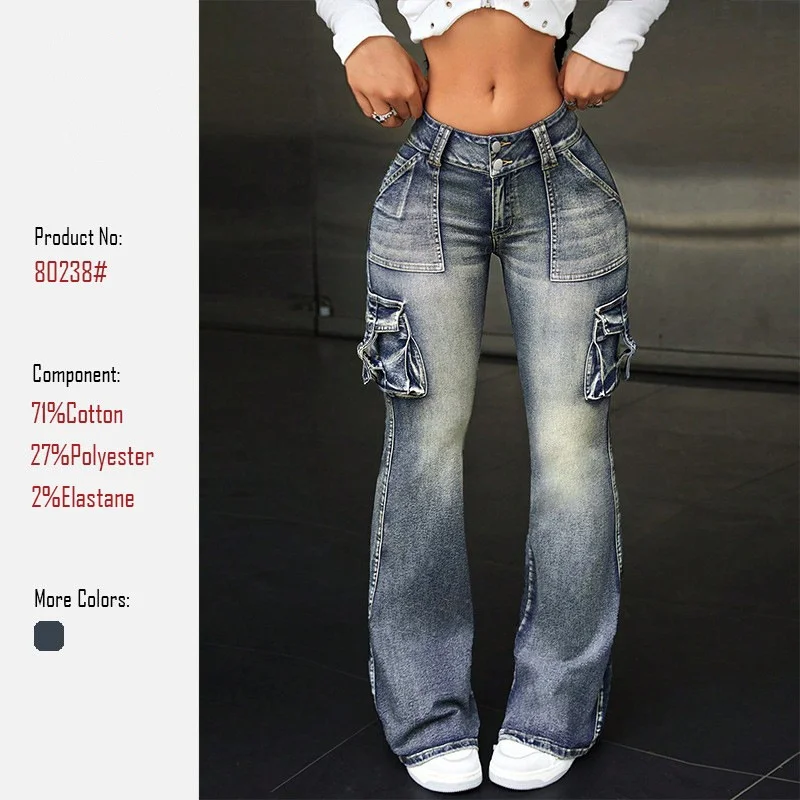 Moda feminina vintage workwear queimado calças de brim calças compridas até o chão estilo retro calças de perna larga calça jeans feminina