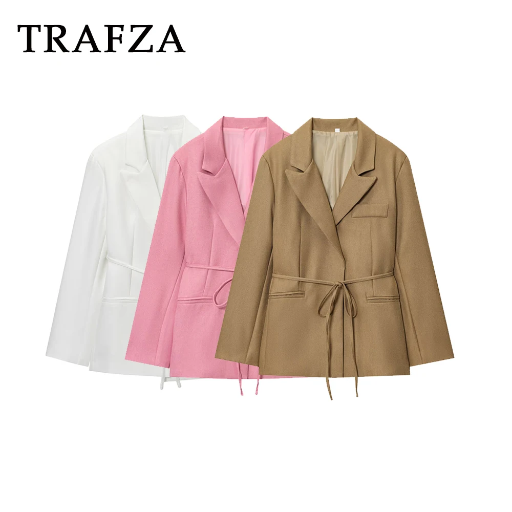 

TRAFZA Vintage Solid Pink Woman Blazers Fashion 2025 Autumn Office Lady Lace-up Chic Teacher Elegant Streetwear Mujer Outwear