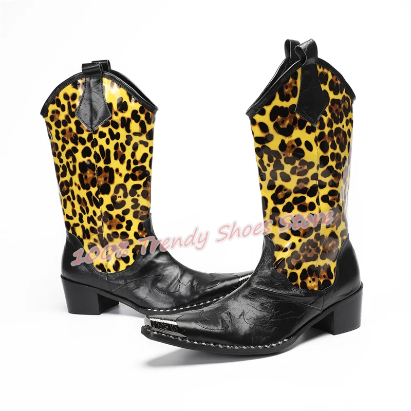 Sexy Leopard Print Genuine Leather Boots for Men Rivet Metal Square Toe Chunky Heel Western Boots Male Slip-On Motorcycle Boots