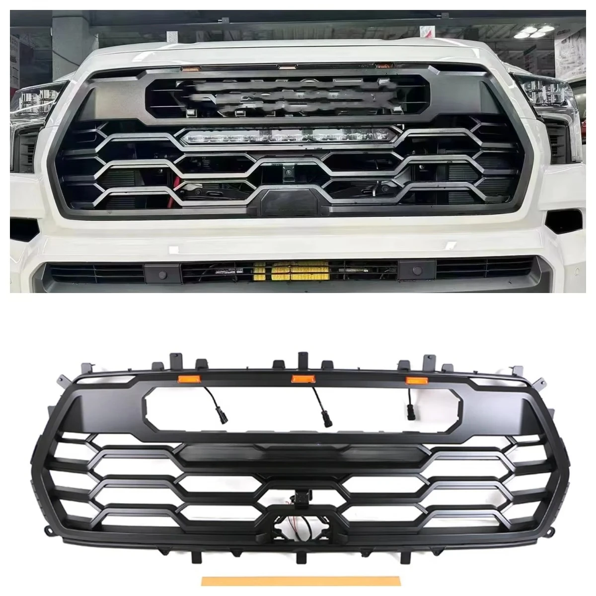 

2022 2023 Auto Part Car Mesh Front Grille With Amber Light+Light Bar Fit For Sequoia