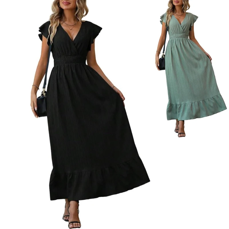 

Casual Dress Solid Color V Neck High Waist Wrap Dress Elegant Short Ruffle Sleeve Maxi Dress For Women