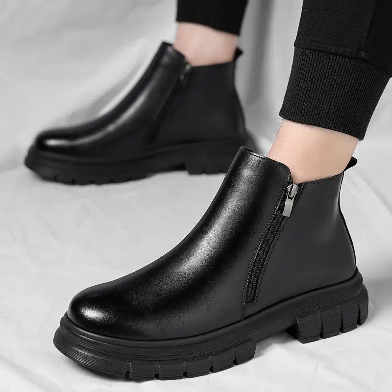 Men's 2025 Winter Black British Style Zipper Chelsea Boots Men's Fashion Medium Top Warm Snow Short Boots Men's Boots Size 38-44