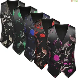 2024 New Rose Embroidered Sleeveless Mens Vests, Single-breasted V-neck Vest Wedding Party Waistcoat /chaleco Vestir Hombre