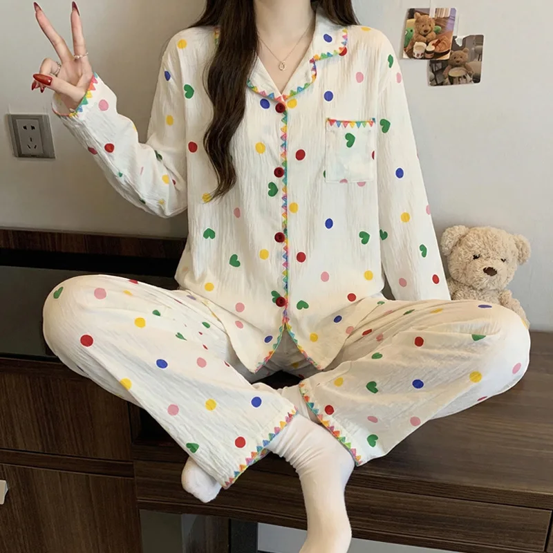 Dopamine Wave Point Sleepwear for Women in Spring and Autumn with High-End Edging Long Sleeved Home Suit Set Ladies Pajamas
