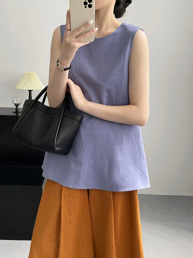 Vrouwen Terug Boog Linnen Elegante Big Size Tank Tops Nieuwe Ronde Hals Mouwloos Persoonlijkheid Mode Lente Zomer