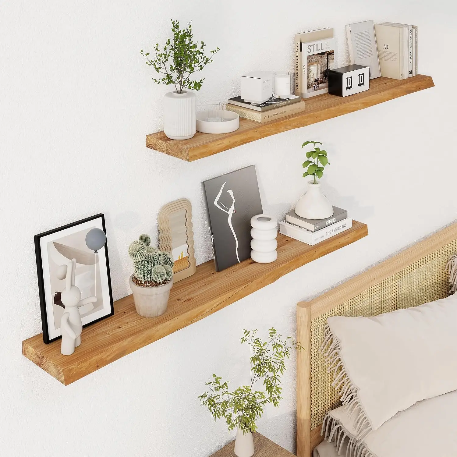 Axeman 48 inch Floating Shelves for Wall - 8'' D Live Edge Rustic Solid Elm Wood Floating Shelves Wall Mounted, Hanging Shelves