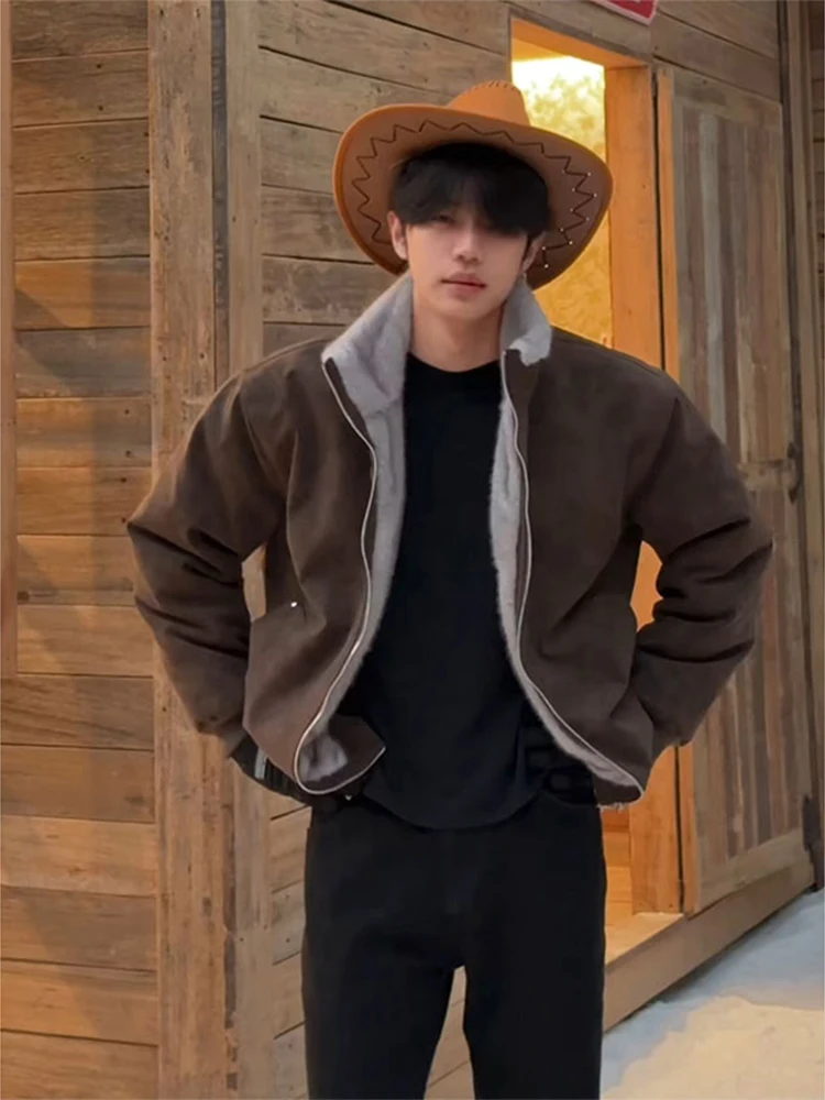 

Caramel Brown Thiened PU Leather Cotton Jaet Stand Collar Men's Winter Coat Mountain Eagle Pattern Youth Faion Outerwear