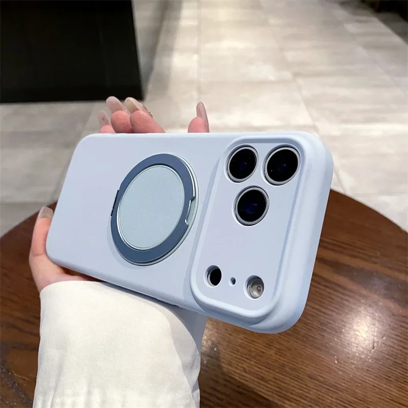Custodia magnetica per telefono con supporto ad anello in colori solidi in silicone liquido di lusso per iPhone 17 Air 16 15 14 13 12 Pro Max Cover antiurto