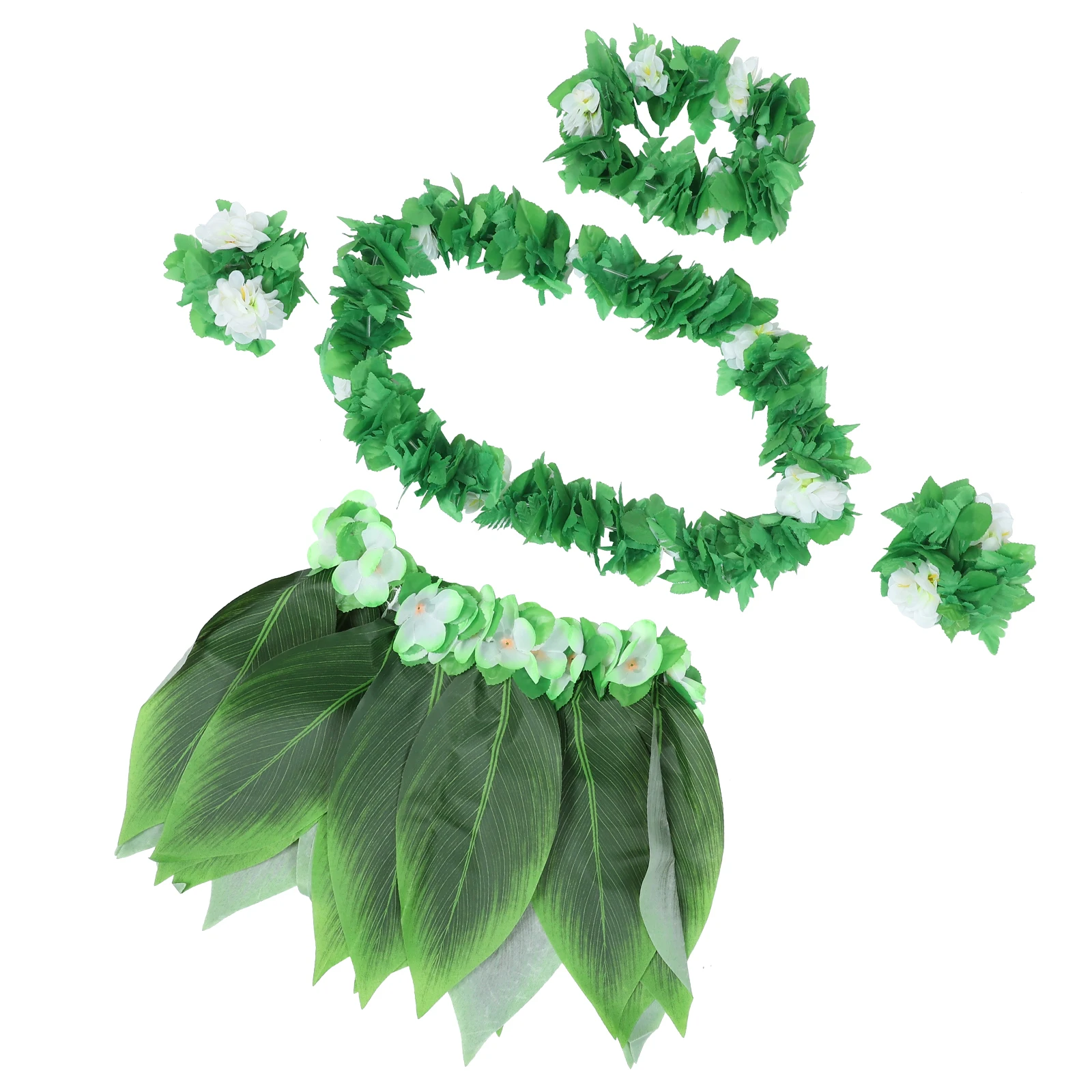 

5pcs Hawaiian Party Supplies Set 23.6" Waist Hula Grass Skirt With Green Fabric Silk Leaf Costume For Luau Beach Theme Ti