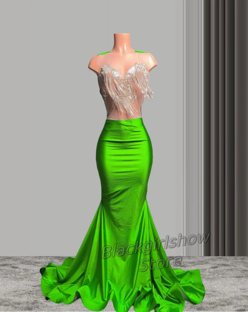 Sparkling Shiny Fruit Green Long Prom Dress 2024 For Women Luxury Tassel Crystal Rhinestone Birthday Party فساتين سهرة