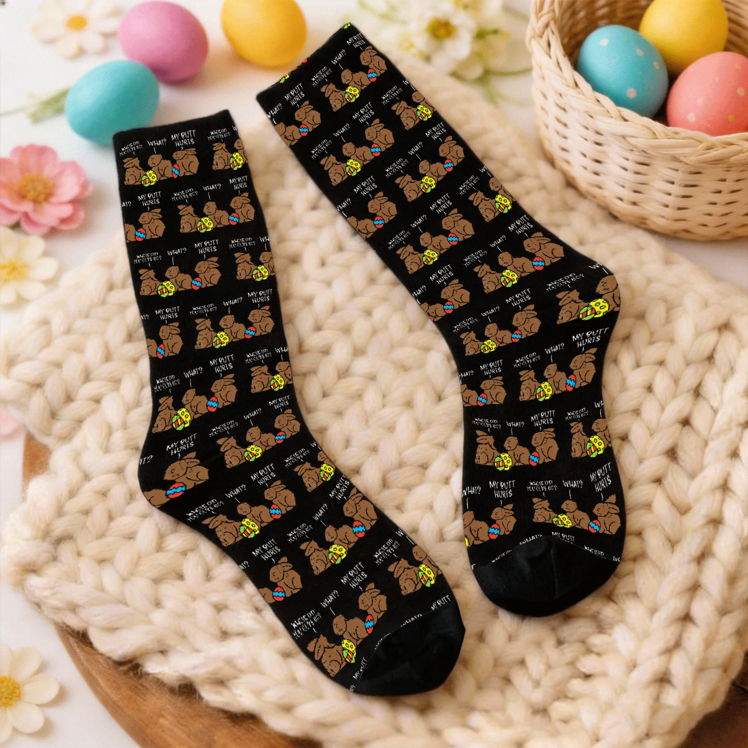 Funny Novelty Socks | Chocolate Bunny Easter Theme, Elastane, Knit Fabric, Machine Washable, All Over Print, Perfect for Men