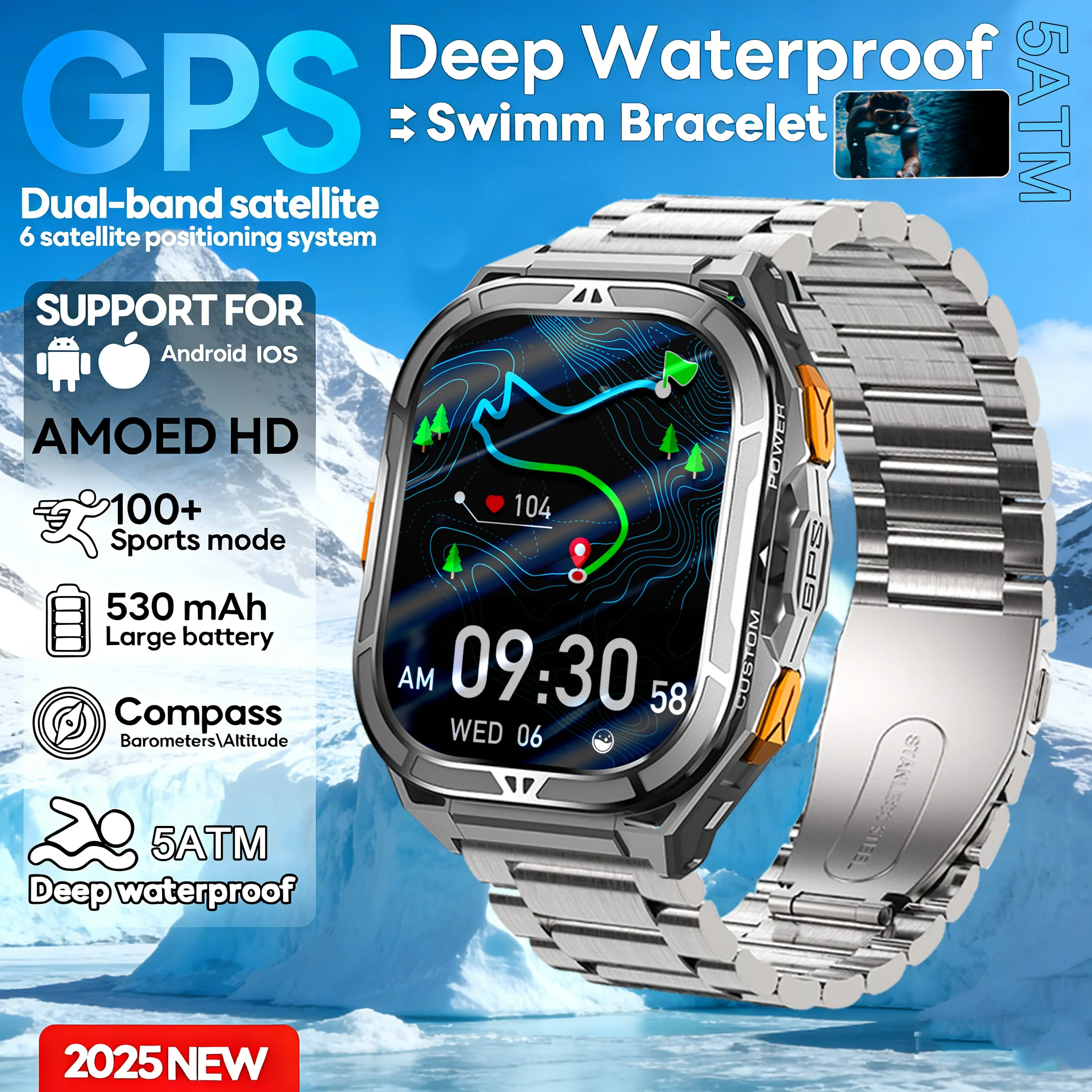 

2026 Новые уличные аккумуляторы 530 мАч для мужчин и взрослых Смарт-часы GPS Компас 5 АТМ Водонепроницаемые пульсометр BT Вызов Спортивные мужские умные часы SOS