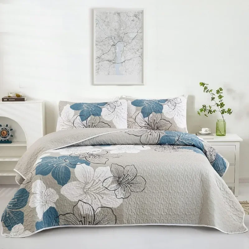 Floral Quilt Set King 3 Pieces,Boho Blue Floral Quilt Coverlet Set Lightweight Grey Quilted Bedspread for All Season