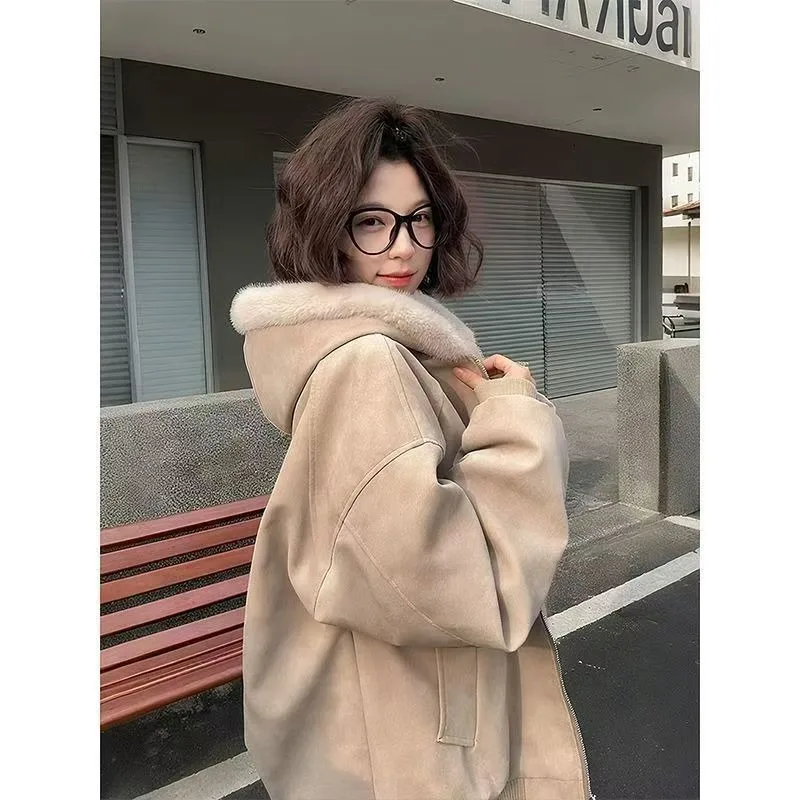 Black PU Leather Hooded Cotton-padded Jacket for Men and Women Short Winter Work Coat Fleece American Retro Cotton-padded Jacket