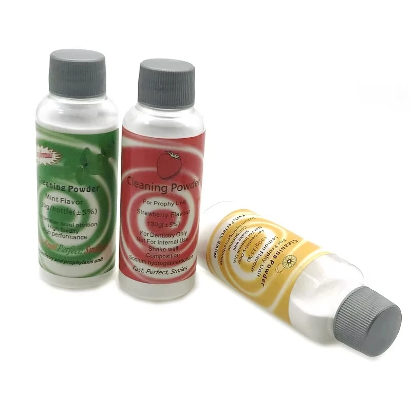 Polvo de pulido Dental, flujo de chorro de aire para profilaxis, limpieza de dientes, eliminación de manchas de placa, bicarbonato de sodio, 130g, menta, limón, fresa