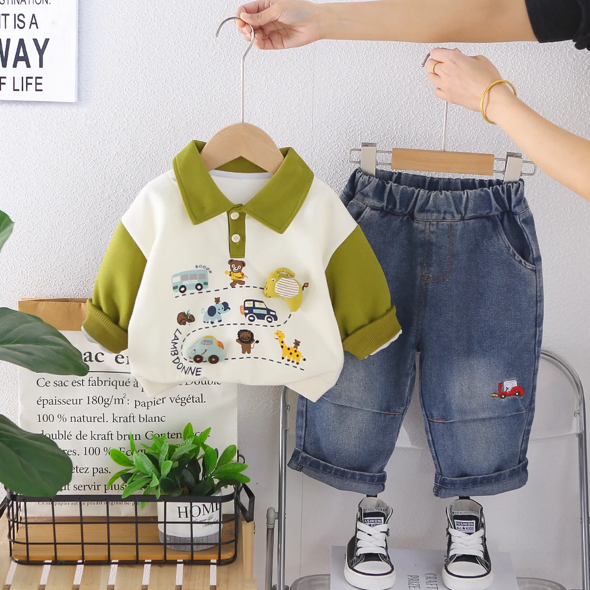 Baby Boy Spring Autumn Clothing Toddler Boys Cartoon Animal Vehicle Print Color Block Polo Shirt and Denim Shorts 2 Piece Set