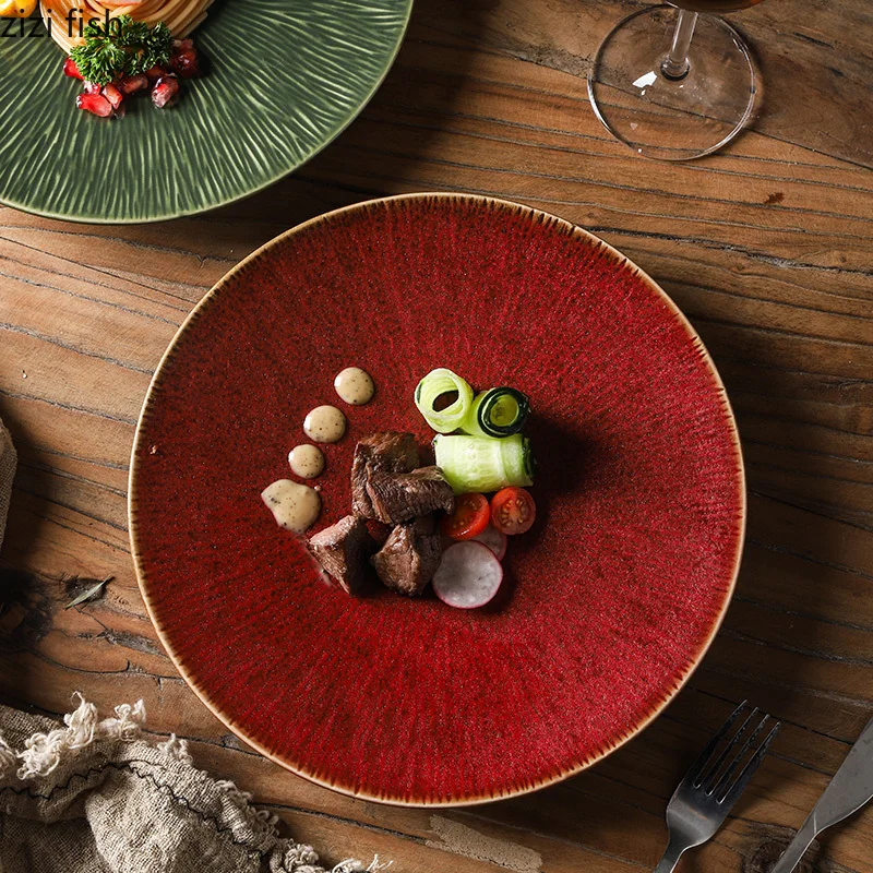 Kiln Changes Stripe Ceramic Plate Round Steak Plate Pasta Dish Serving Plate Dessert Plates Vintage Molecular Cuisine Tableware