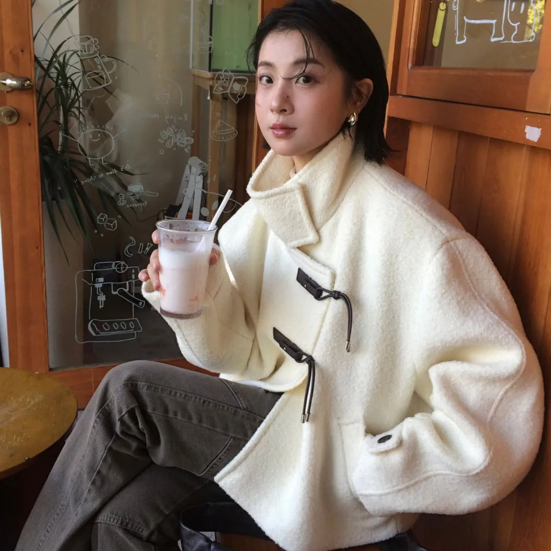 Pure Color Stand Collar 100 Woolen Short Coat Outerwear Korean Style Loose Fit Youth Women's Winter Button up Jacket