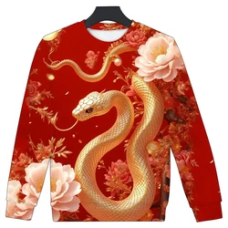 2025 Chinese New Year Graphic Sweatshirts Golden Snake Flower 3D Printed Long Sleeve Pullovers Harajuku China Unisex Tracksuit
