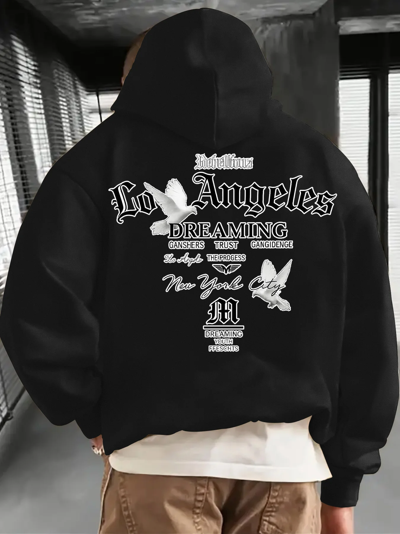 Los Angeles English Pigeon Creative Print Men Hooded Sweatshirt Autumn and Winter Daily Outdoor Sports Leisure Warm Street Style