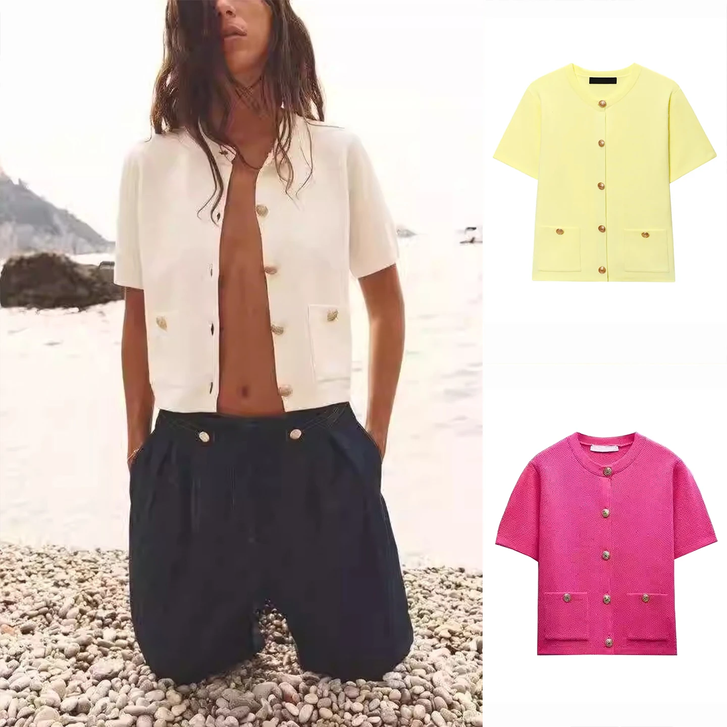 

Осенний новый свитер с металлическими цветными пуговицами, большой вязаный ор Све, круглый открытый кардиган, свитер из полиэфирного волокна, прямой...