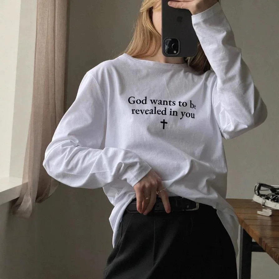 Street Minimal Christian Faith Slogan Cross Graphic Oversized Cotton Long Sleeve Tee Women Aesthetic Crew Neck Casual T‑Shirt