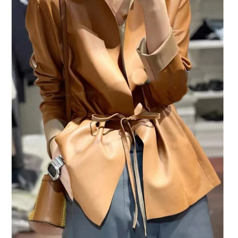 Women's Genuine Sheepskin Leather Jacket Short Coat Drawstring Waist Slim Fit for Spring And Autumn