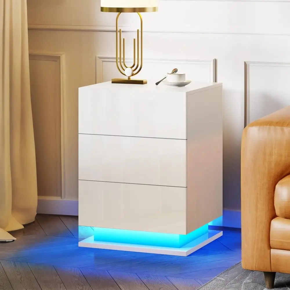 LED Nightstand with 3 Drawers White Bedside Table Modern End Side Table for Bedroom
