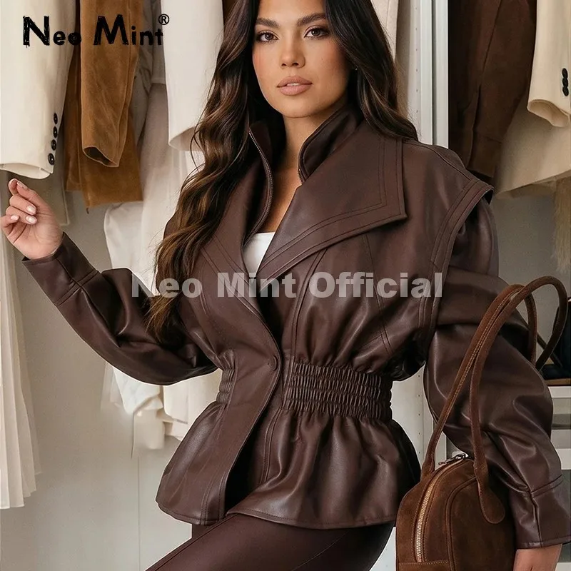 Neo Mint Autumn 2026 Chocolate Brown Elastic Cinched Waist Faux Leather Peplum Jacket Women PU Leather Blazer Trench Coat Female