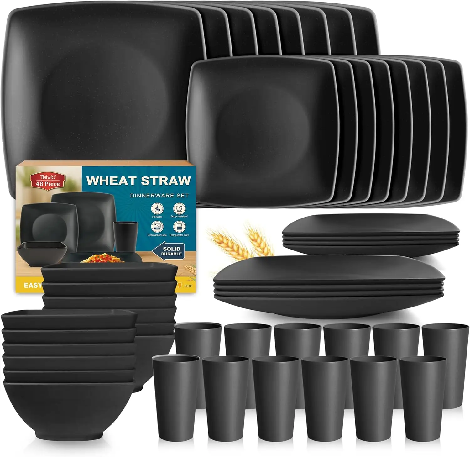 

48-piece Plastic Wheat Straw Square Dinnerware Set for 12, Unbreakable Dinner Plates, Salad Plates