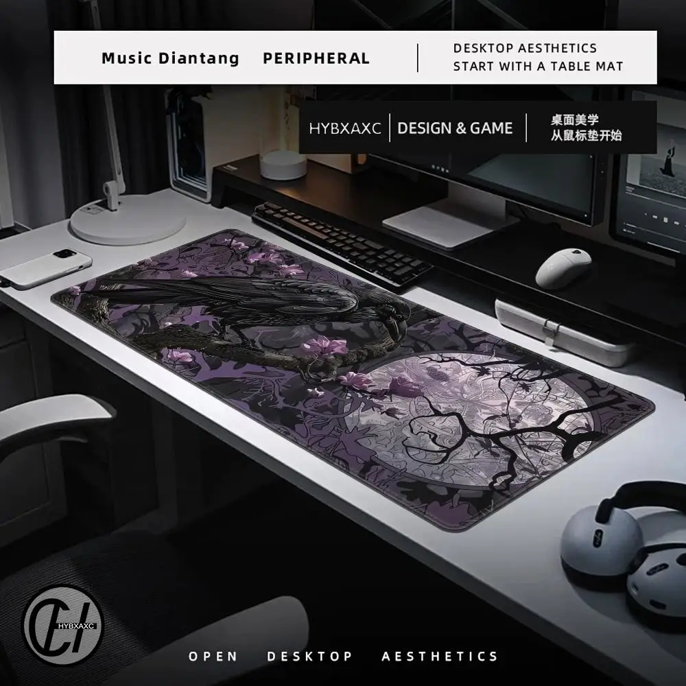 Gothic Raven Moonlit Night Mauspad, Faser, Blumenmuster, schwarzer Zweig, Büro, mystisches Schreibtischzubehör, erweitertes Pad, großes 100 x 50 Mousepad