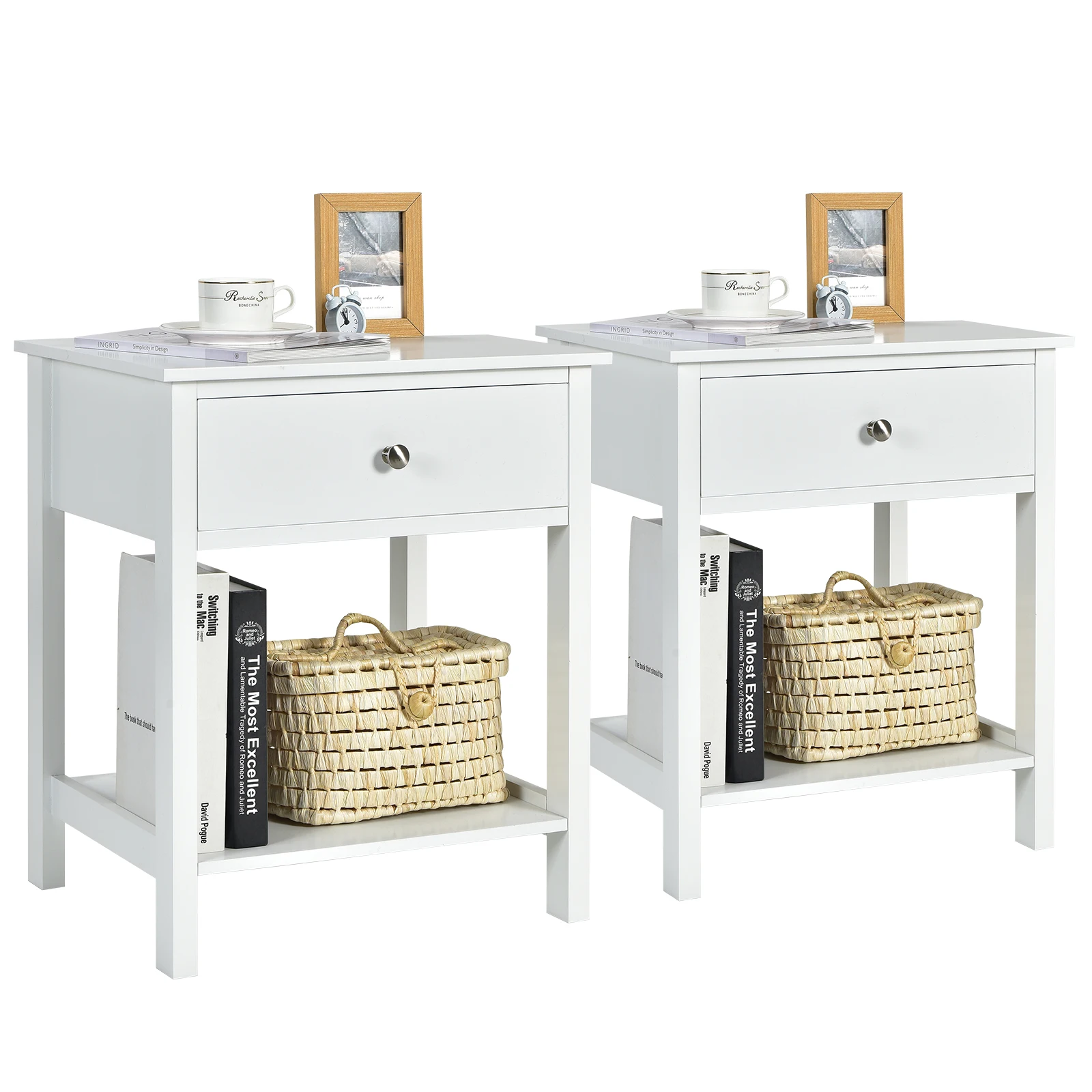 

2PCS Nightstand with Drawer Storage Shelf Wooden Bedside Sofa Side Table White