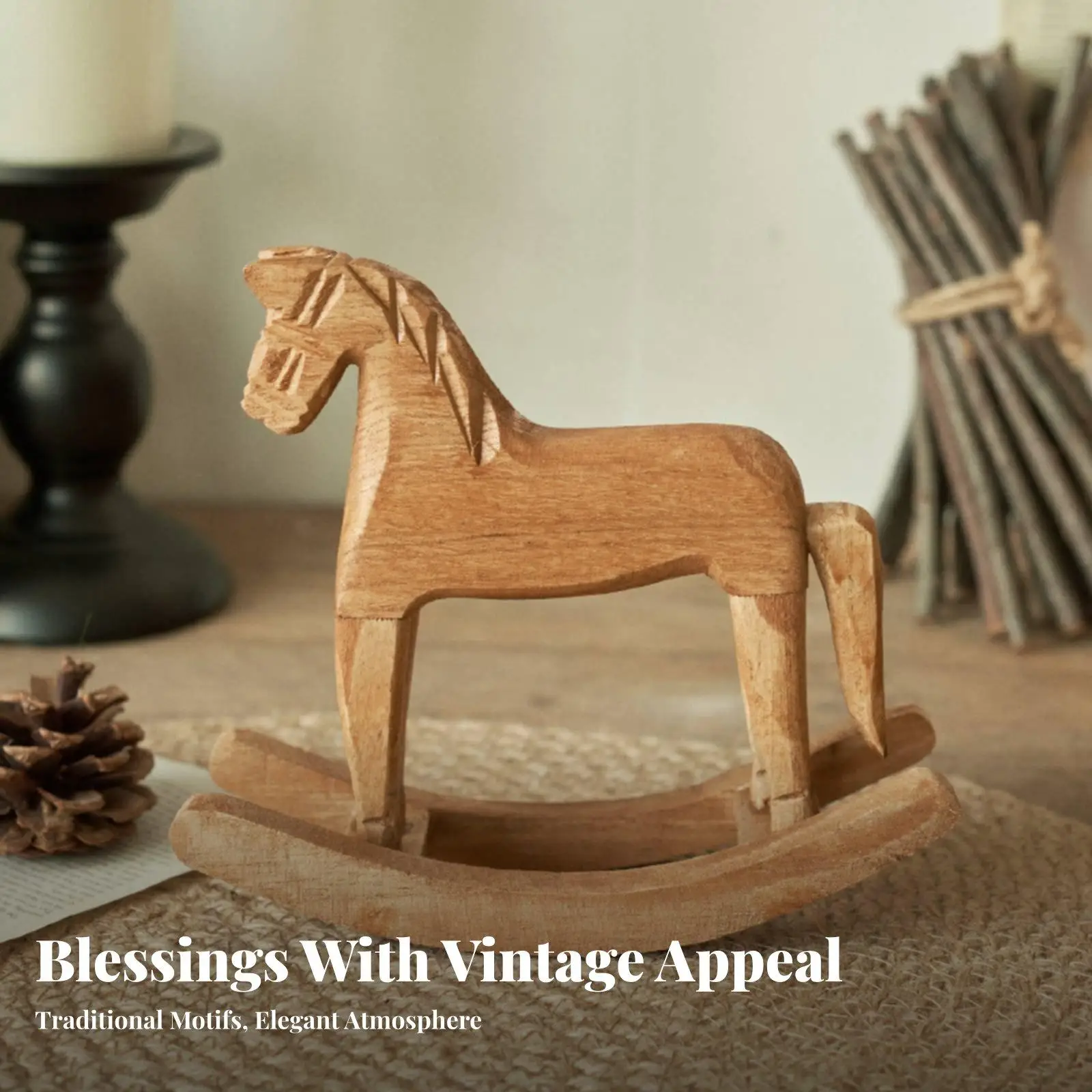 Nordic Wooden Rocking Horse Decor Handcarved Solid Wood Miniature Horse Statue Rustic Wood Products for Living Space