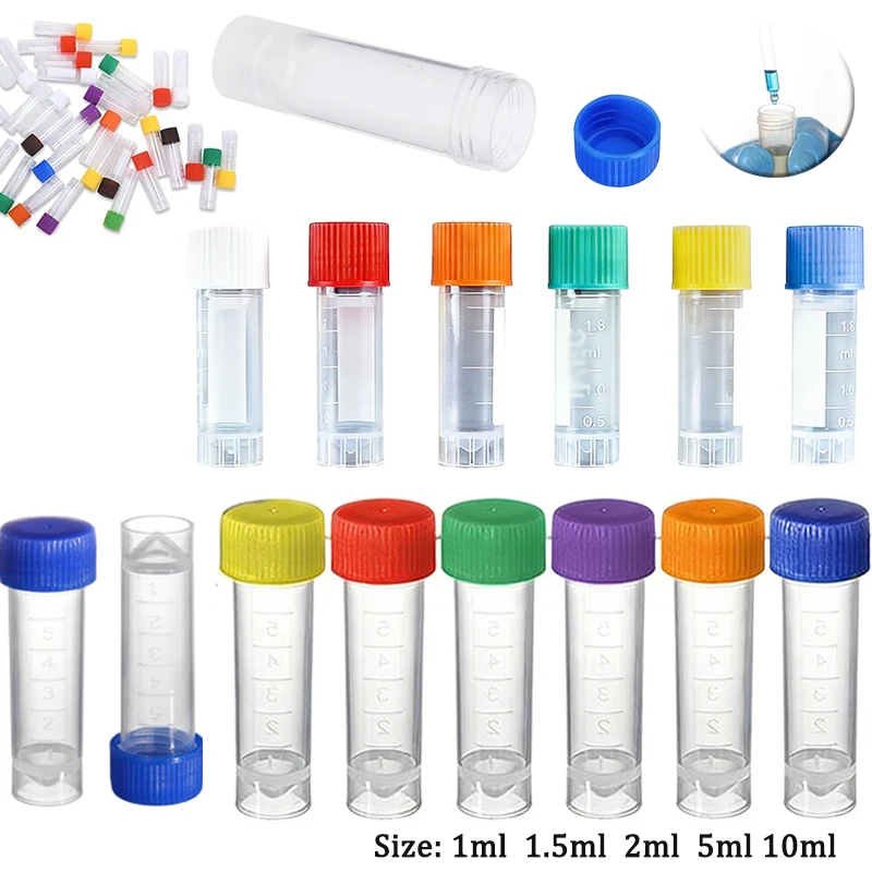 Flacons de Tubes à essai en plastique, conteneur d'échantillon de 1 à 10ml, bouteilles artisanales à bouchon à vis pour le stockage de fournitures de chimie scolaires et de bureau, 25 à 100 pièces