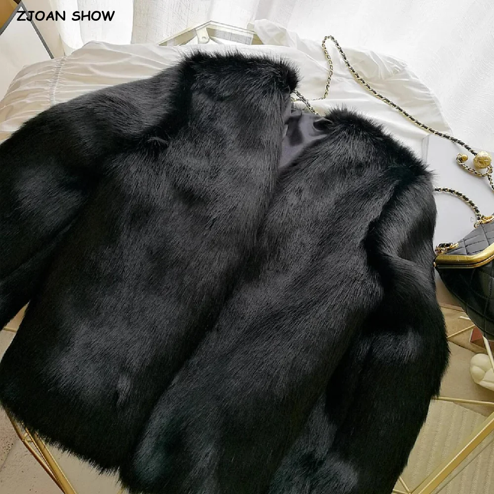 Women Winter Retro Plain Black V Neck Hairy Shaggy Faux Fox Fur Coat CHIC Full sleeve Furry Loose Warm Jacket Short Outerwear